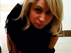 The view from two cameras. Blonde in blue panties demonstrates us her shaved pussy and ass. voyeur video #1